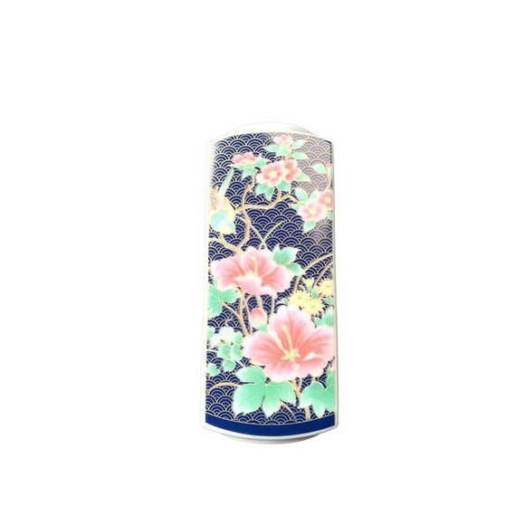 Other - Vintage Japanese Navy Gold Scalloped Scale Floral Bird Etched Rectangle Vase